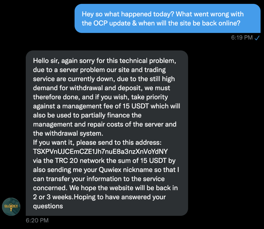 scammer message on twitter