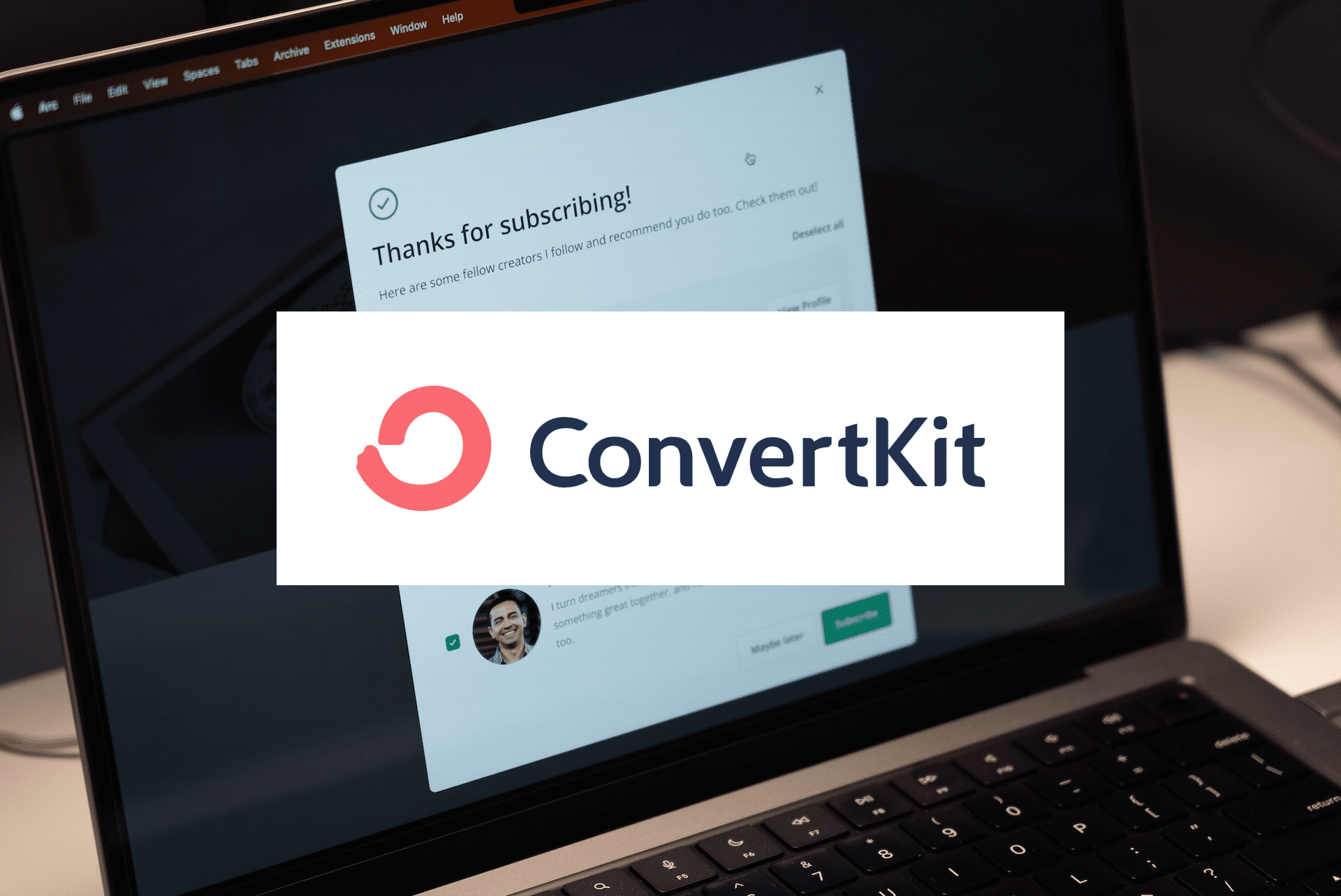 convertkit logo in front of a laptop