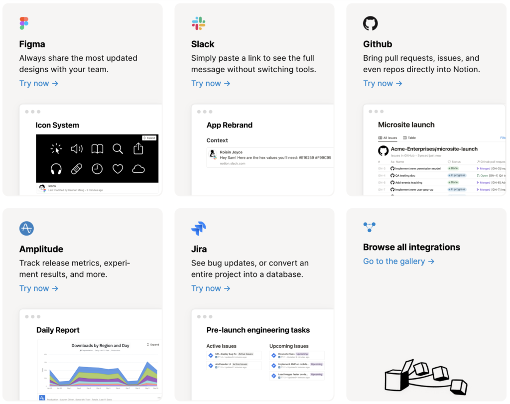 a list of different notion integrations like Figma, Slack, Github, Jira and more.