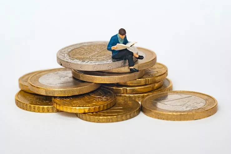 a figure sitting on a pile of coins symbolizing budgeting
