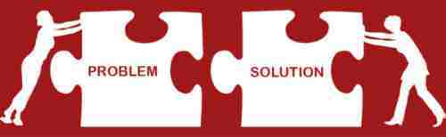 Two puzzle pieces called "problem" and "solution" getting pushed together by two silhouettes